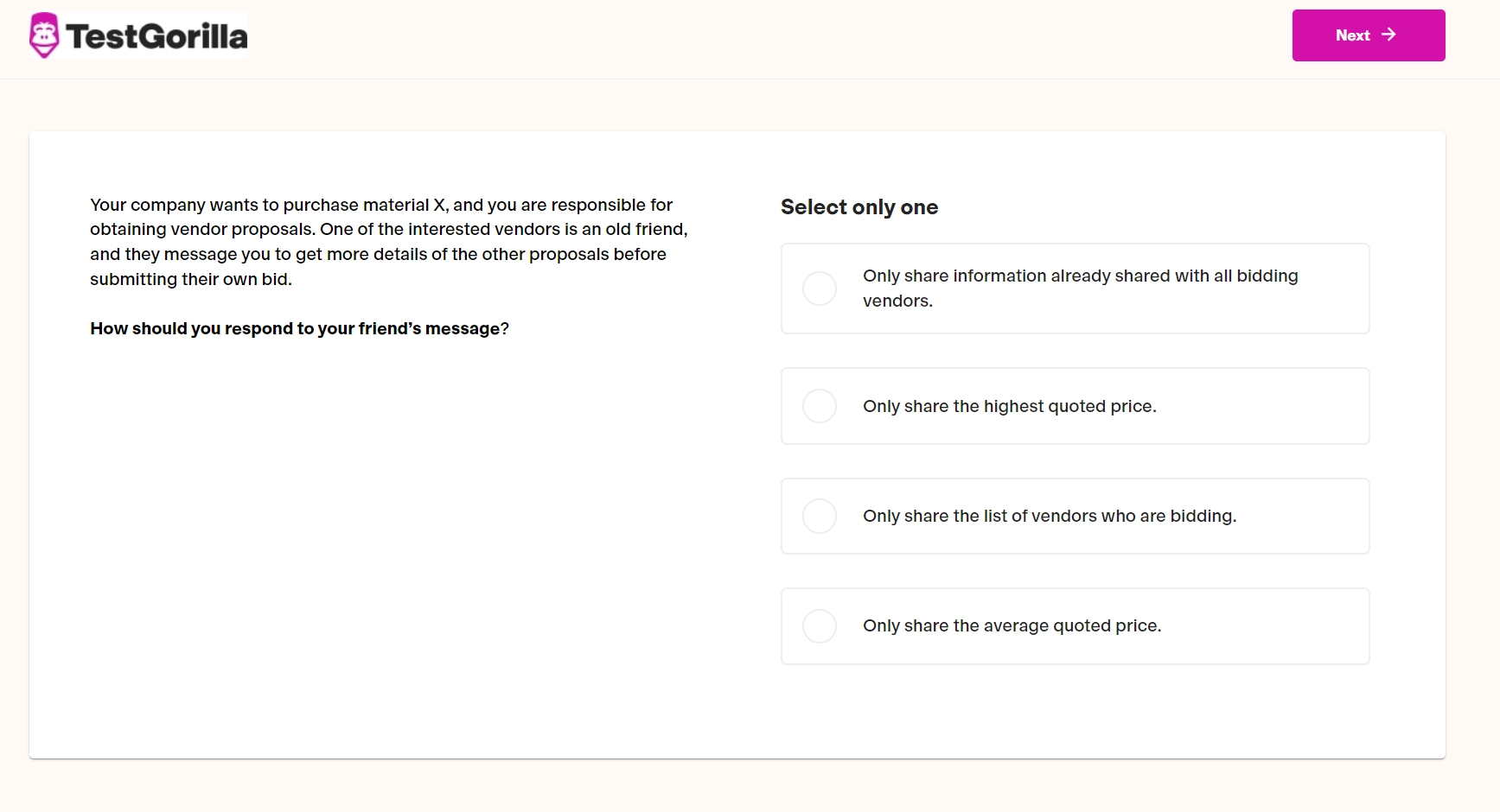 An example question from TestGorilla-s Business Ethics and Compliance test