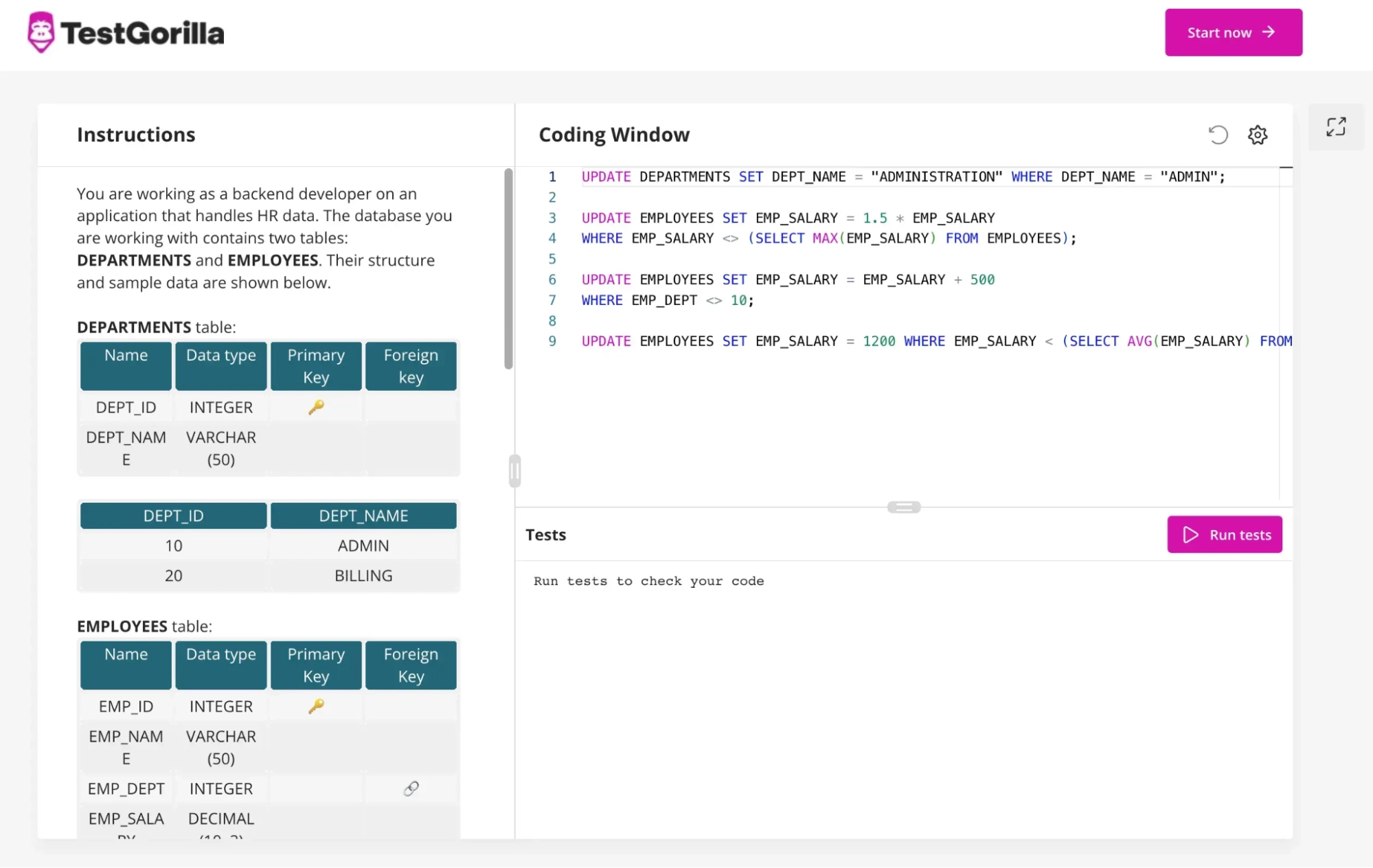 An example question from TestGorilla's Microsoft SQL Server test and SQLite Online Skills test graphic