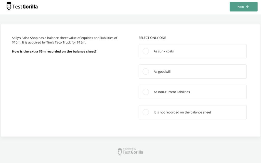 capture d’écran d’un exemple de question du test de modélisation financière dans Excel de TestGorilla