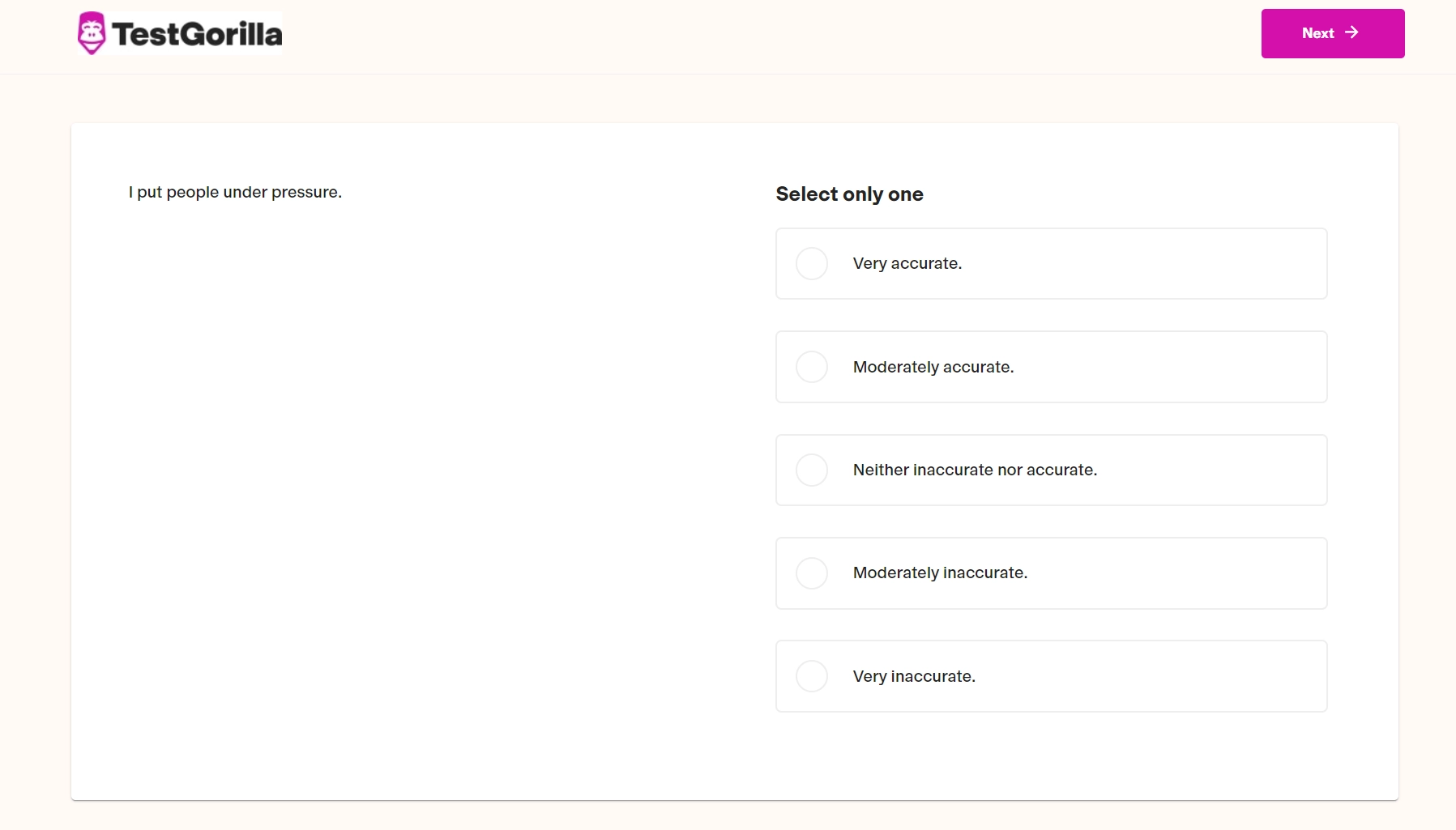 Example question from a TestGorilla DISC test assessment screenshot
