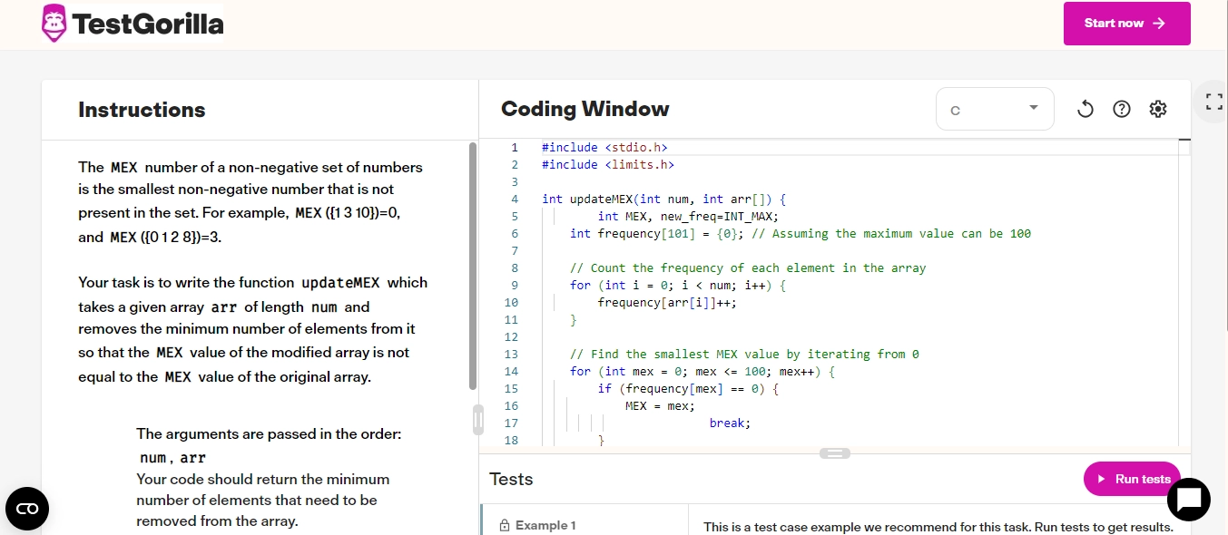 An example question from TestGorilla-s TypeScript (Coding) Intermediate-Level Algorithms test