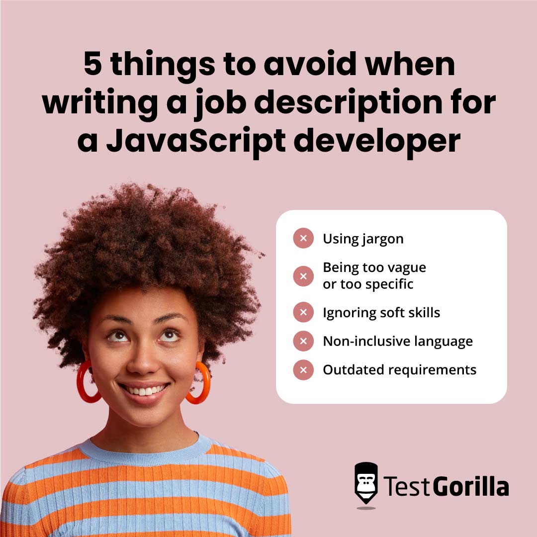 5 things to avoid when writing a javascript developer job description graphic
