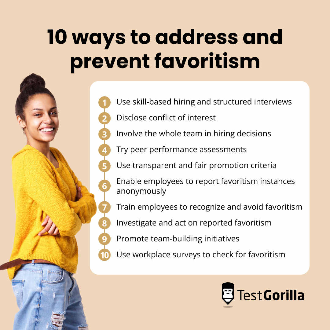 10 ways to address and prevent favoritism in the workplace graphic