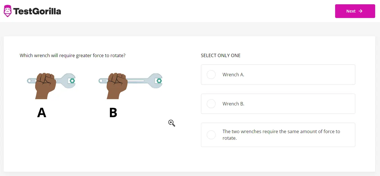 An example question from TestGorilla's Mechanical Reasoning test