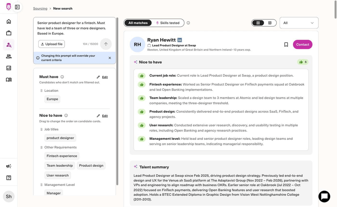 Gorilla Sourcing candidate card for a product designer role, with a thumbs-up and a line of evidence for each nice-to-have criterion and a talent summary below
