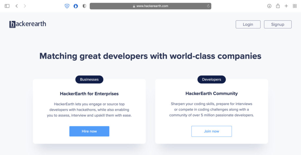 capture d’écran de la page d’accueil de HackerEarth