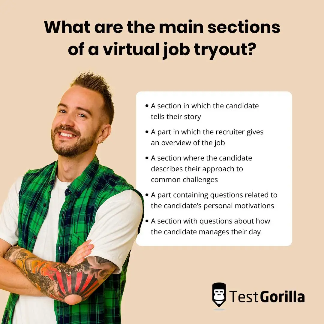 What are the main sections of a virtual job tryout