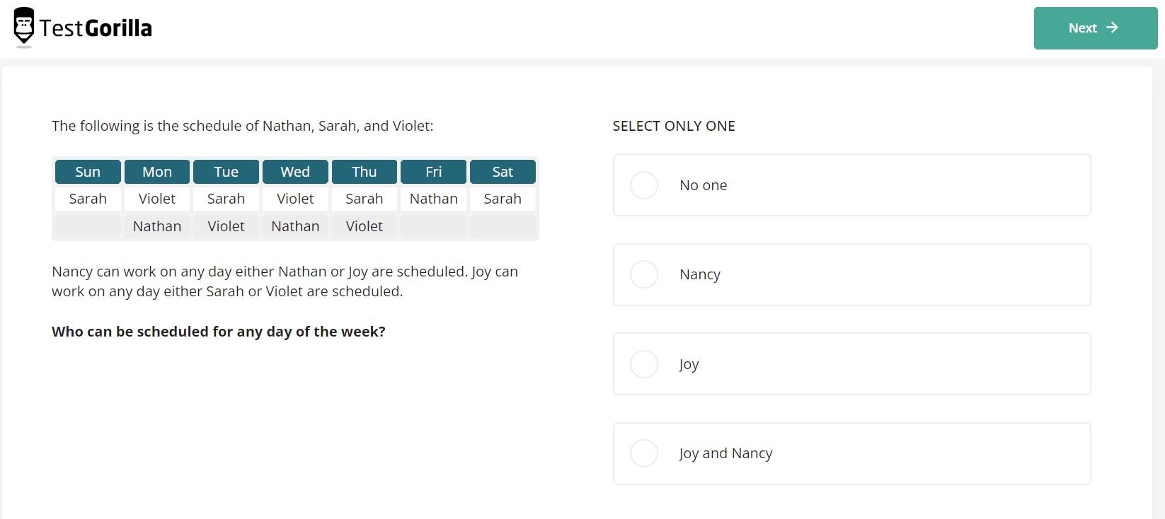 An example question from TestGorilla's Problem Solving test