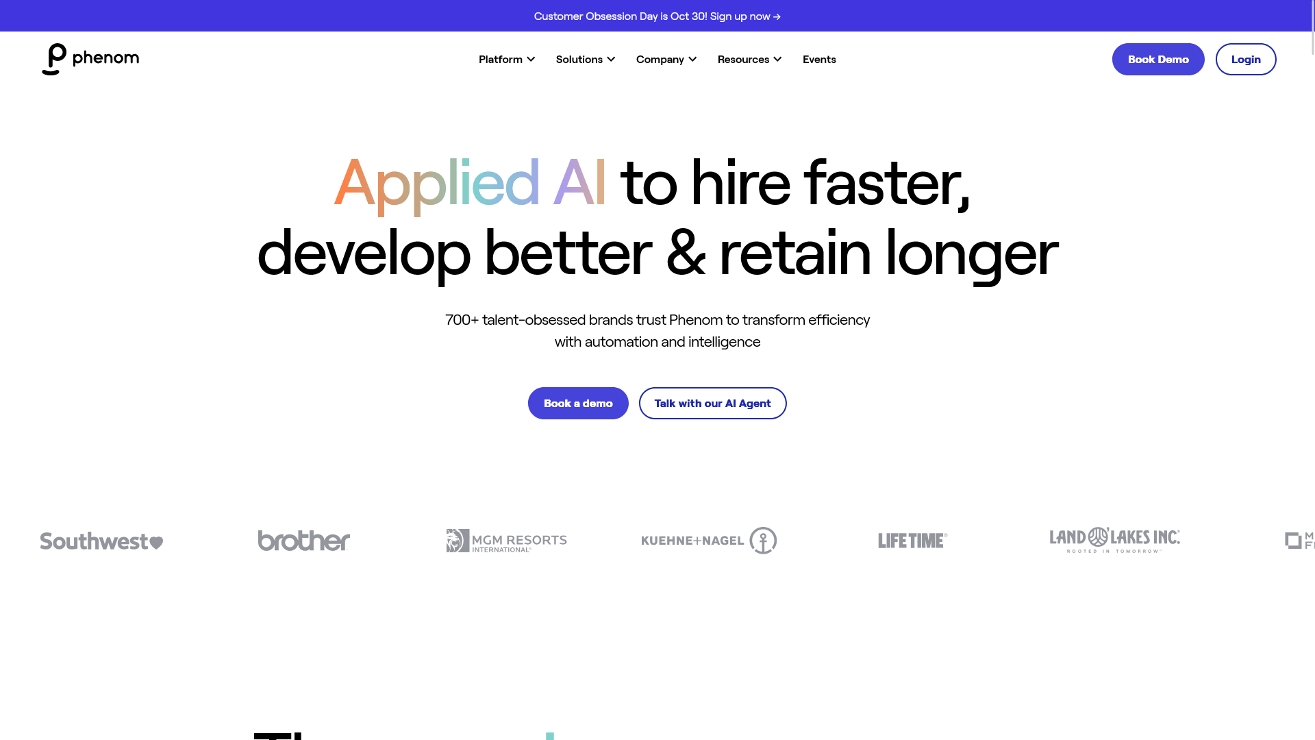 Screenshot of the Phenom website with the slogan “Applied AI to hire faster, developer better & retain longer."
