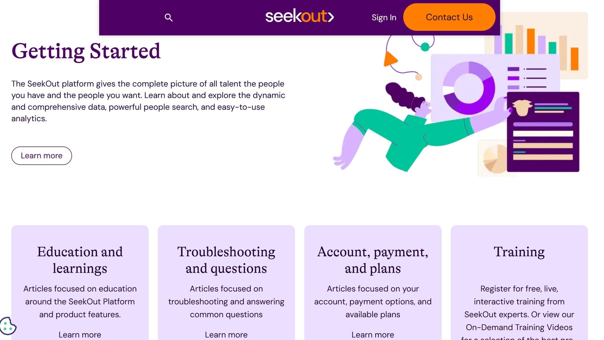 SeekOut’s help center isn’t well-organized. Most help articles are only discoverable by search and aren’t linked from the help center’s main navigation page.
