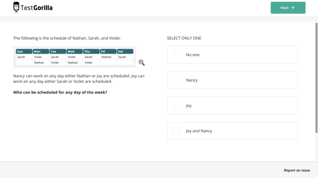 screenshot of a sample question in TestGorilla’s pre-employment problem-solving test