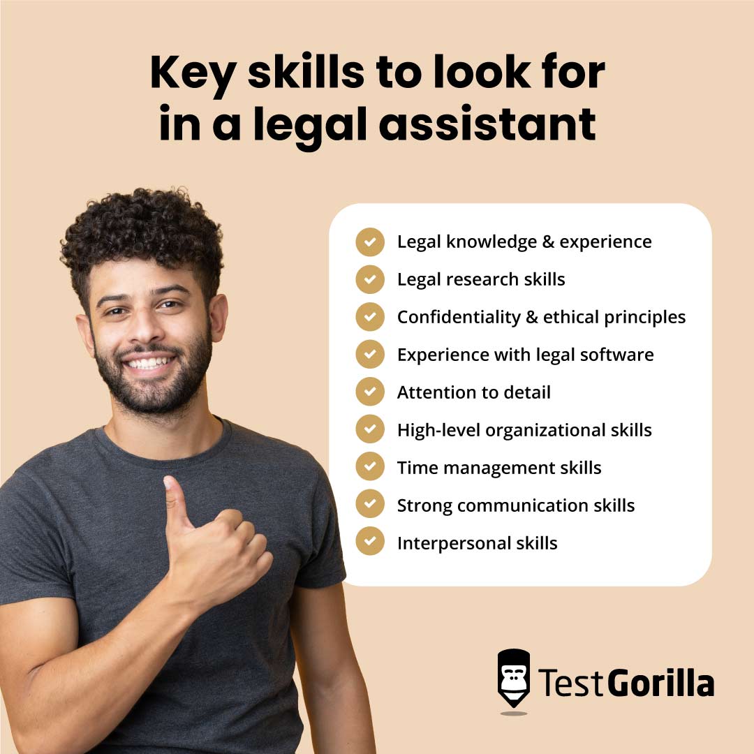 key skills to look for in a legal assistant job description graphic