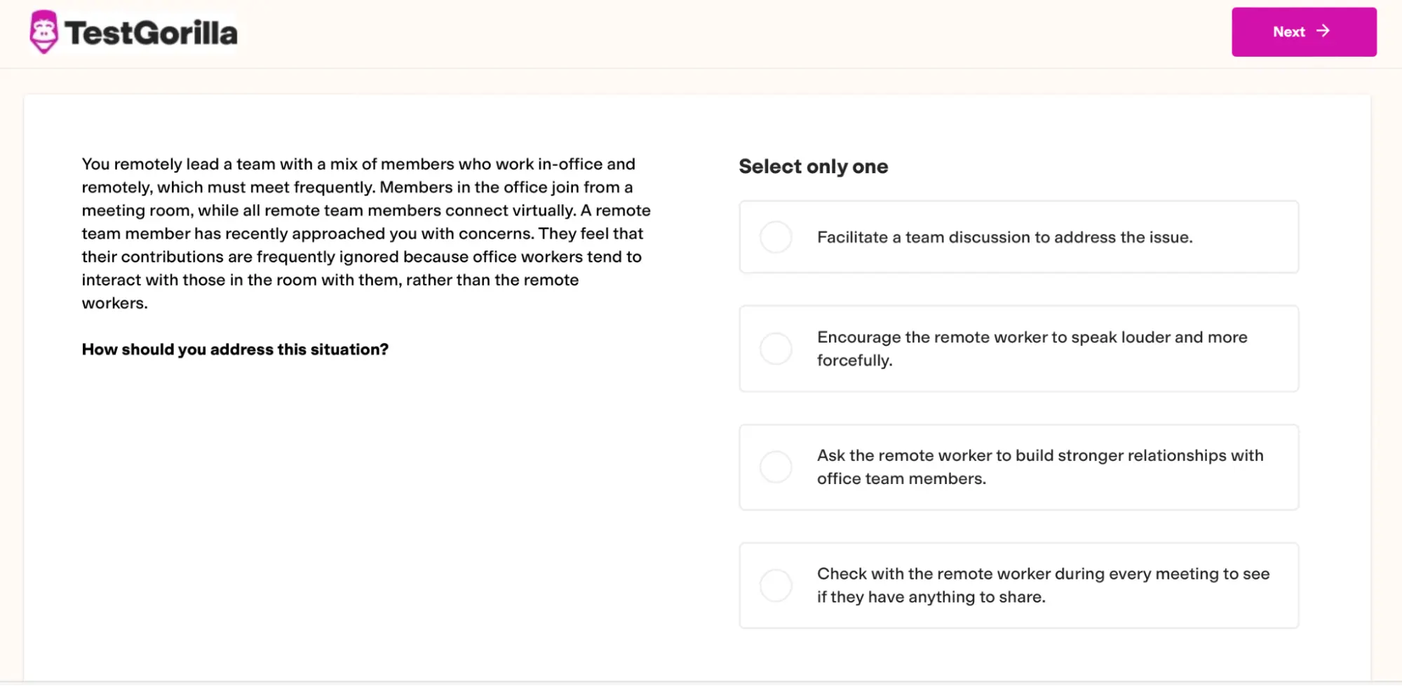 An example question from Testgorilla's Remote Team Management test