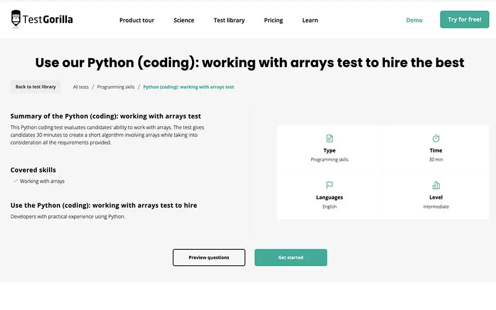 Screenshot of Test Gorilla's Python test