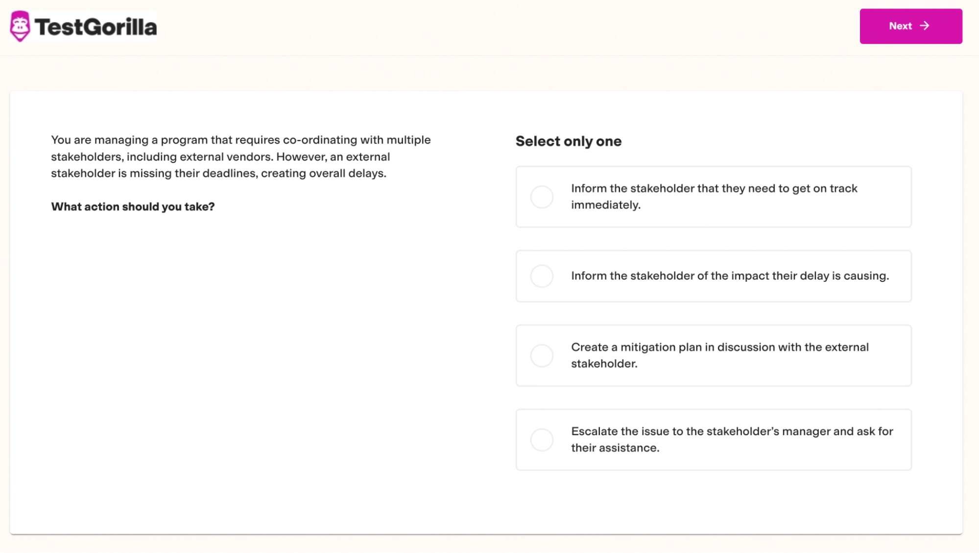 An example question from TestGorilla's Program Management test