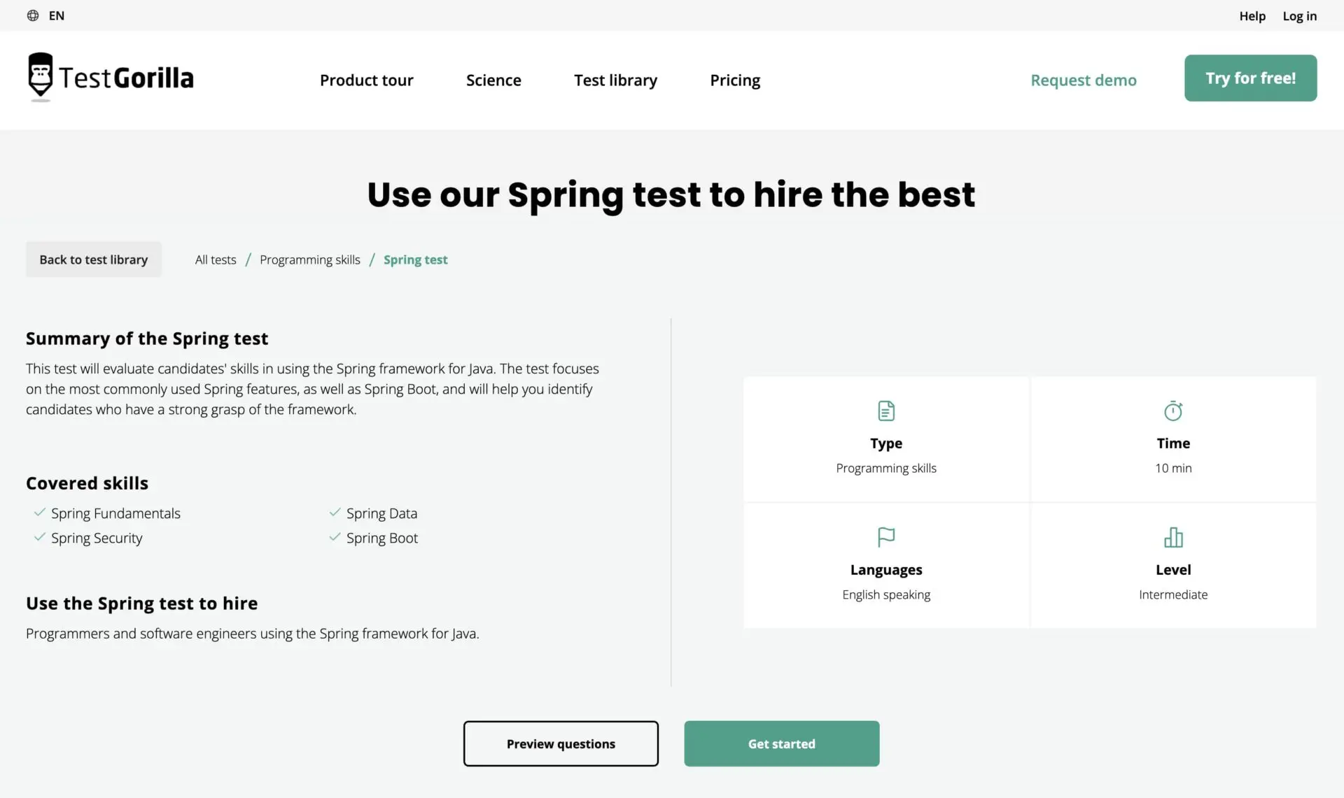 spring test by testgorilla