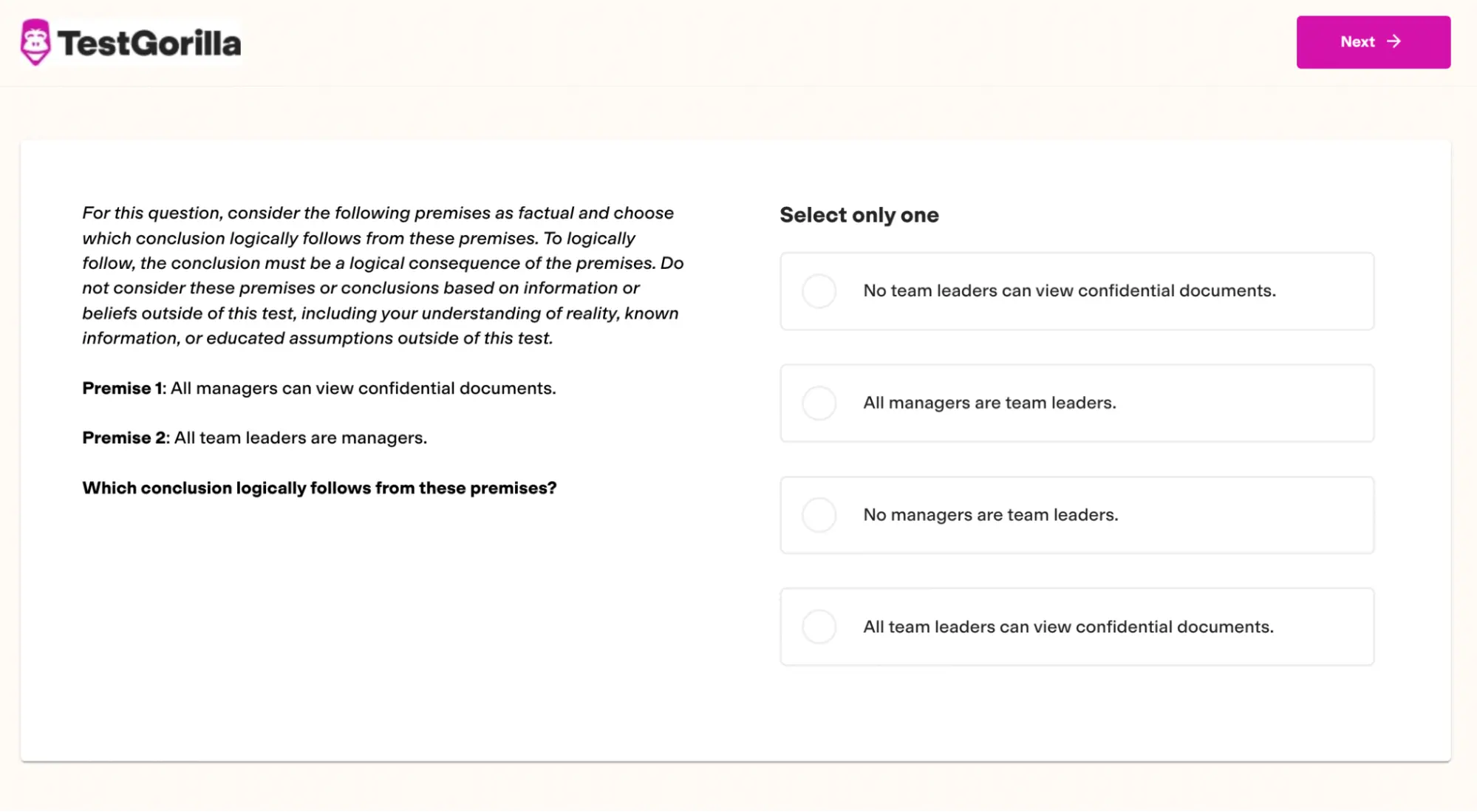 An example question from TestGorilla’s Critical Thinking test.