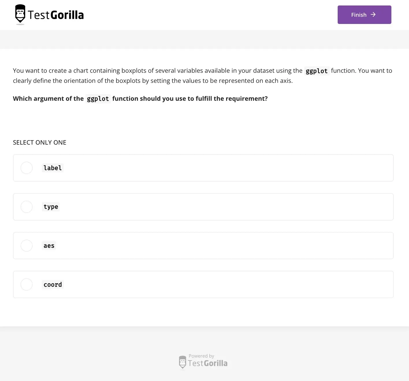 An example question from TestGorilla's Data Analysis Using R assessment test