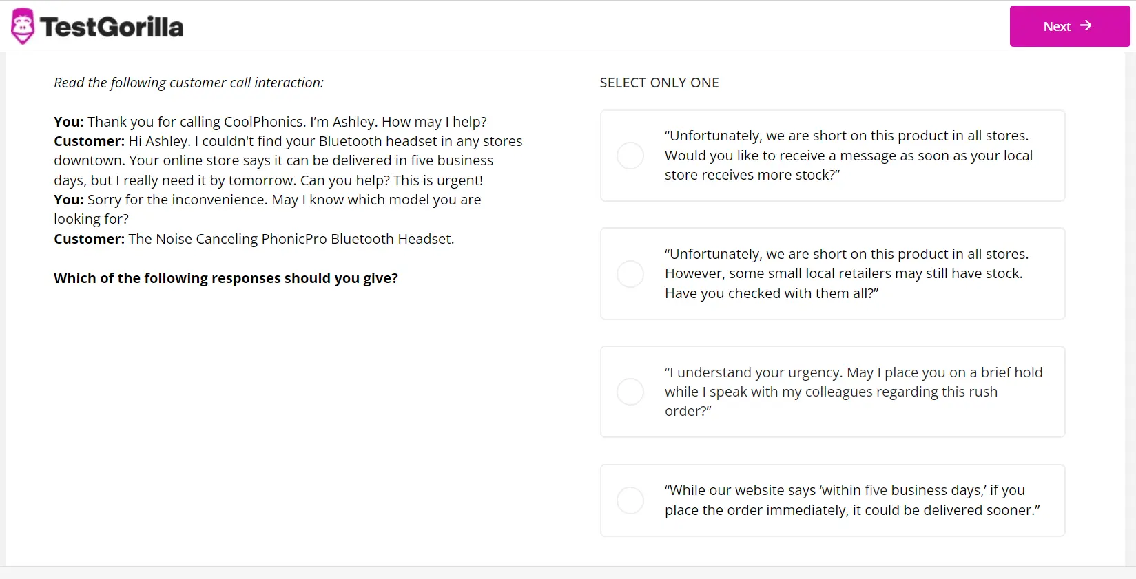 An example question from TestGorilla's Customer Service test