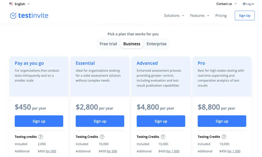 Testinvite pricing packages