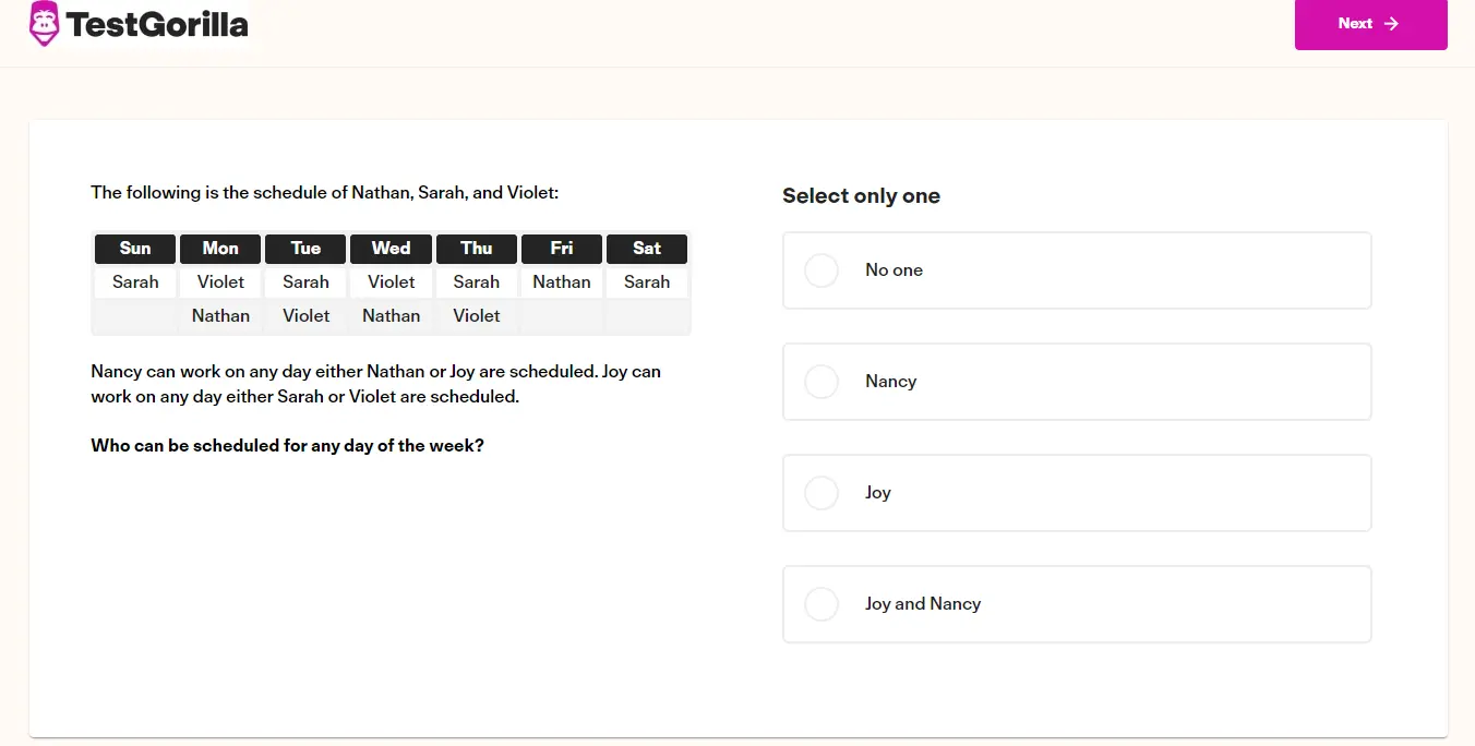 An example question for TestGorilla's Problem Solving test graphic