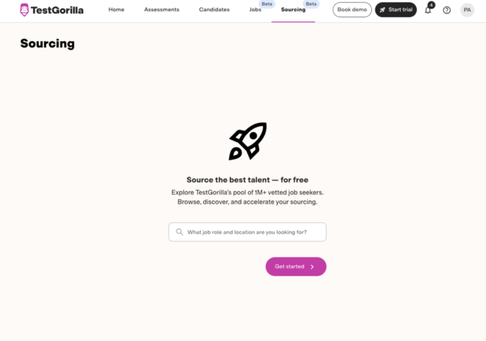 TestGorilla Sourcing interface with a graphic of a rocketship, text “Source the best talent – for free,” and a field to enter a job role and location to start a talent search.