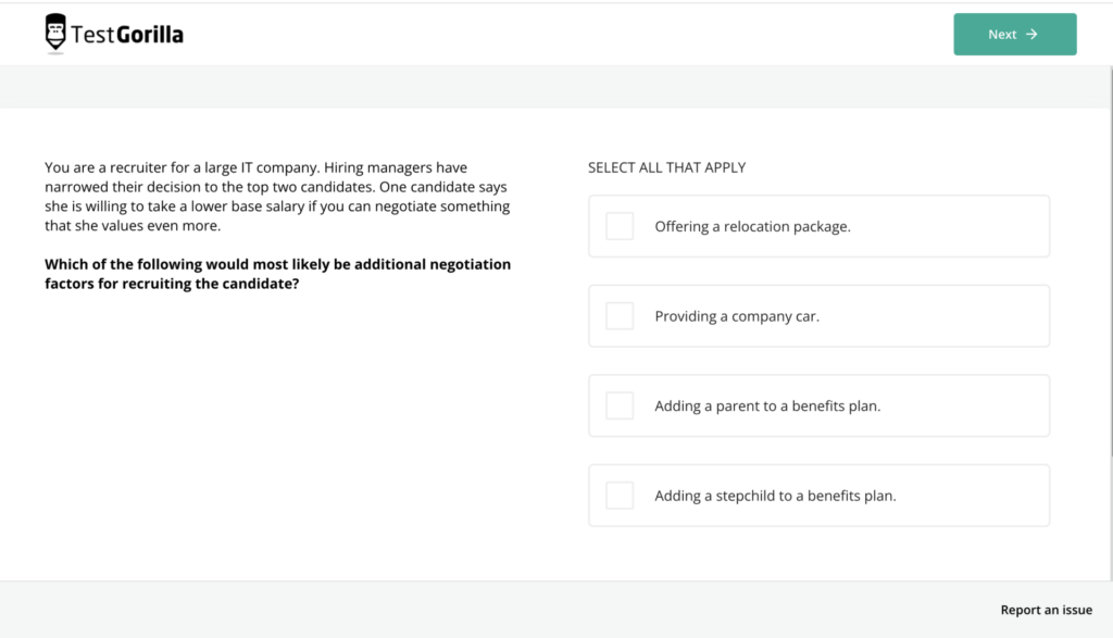 capture d’écran d’un exemple de question du test d’acquisition de talents de TestGorilla