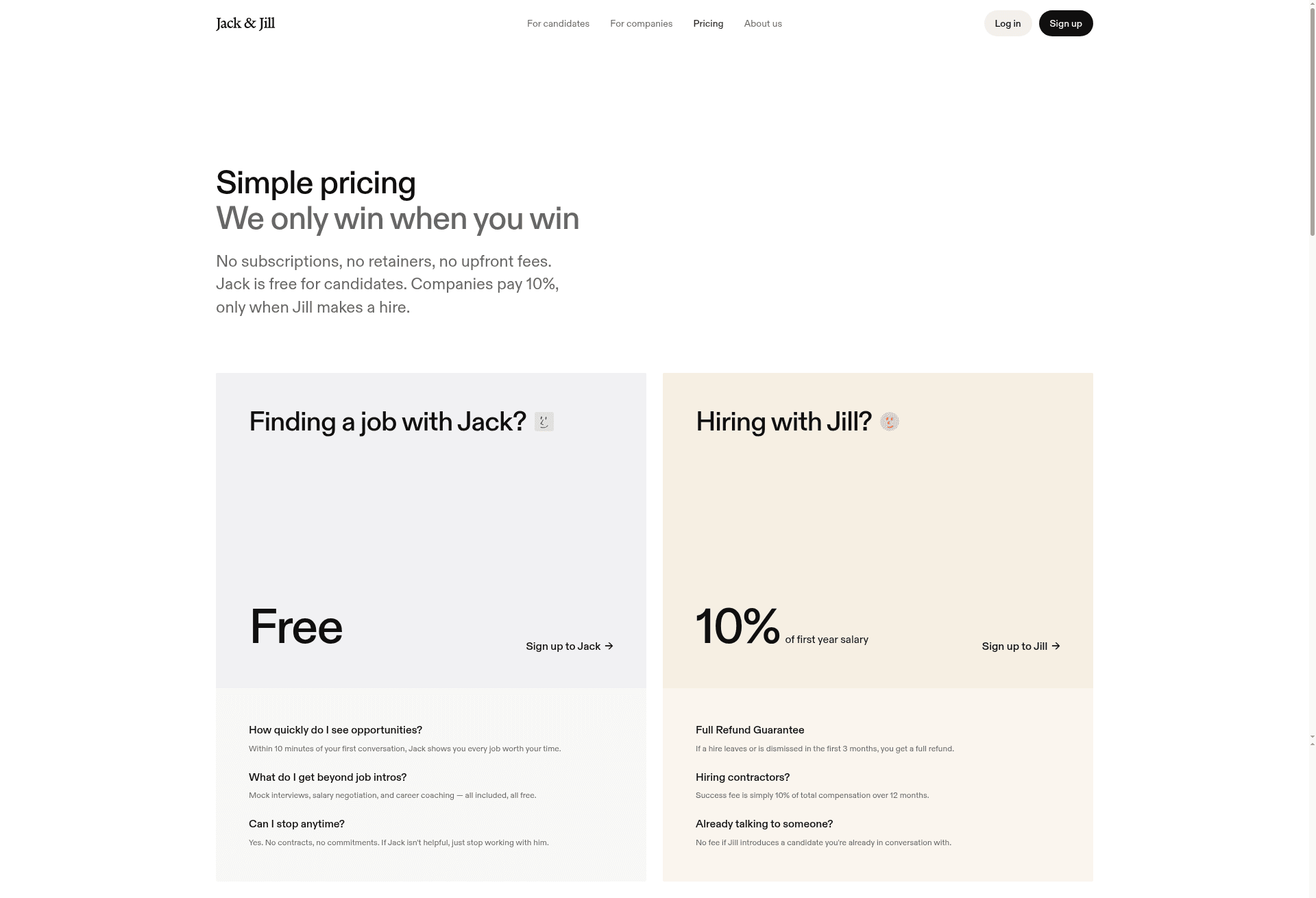 Jack & Jill UK and Europe pricing page: Jack free for candidates, Jill 10% of first-year salary, only when Jill makes a hire
