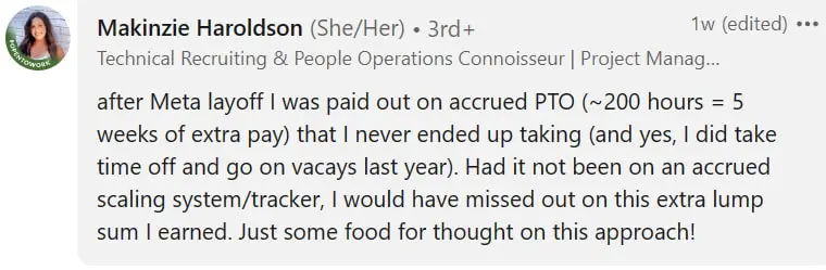 screenshot of a comment in LinkedIn about accrued days