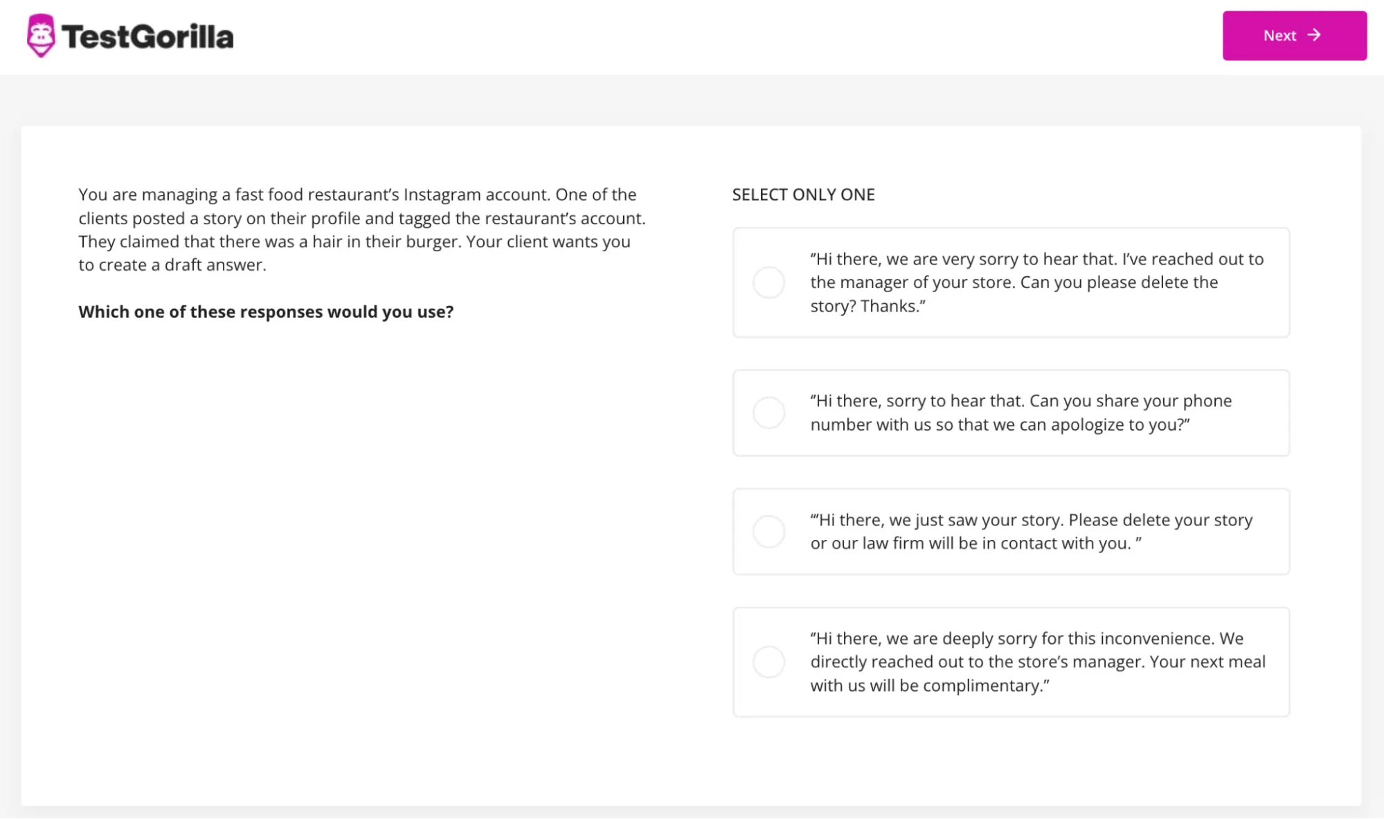  An example question from TestGorilla's Instagram Marketing test