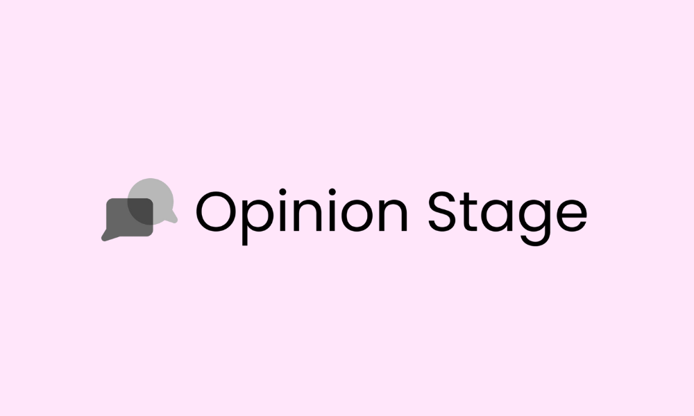Opinion Stage logo on a pink background.