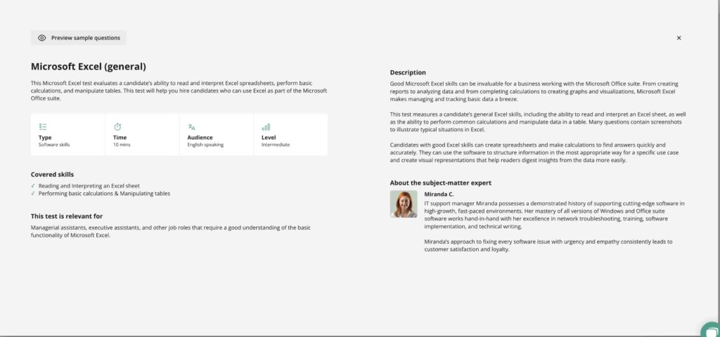 Screenshot-Vorschau auf den Microsoft Excel-Tests (allgemein) von TestGorilla