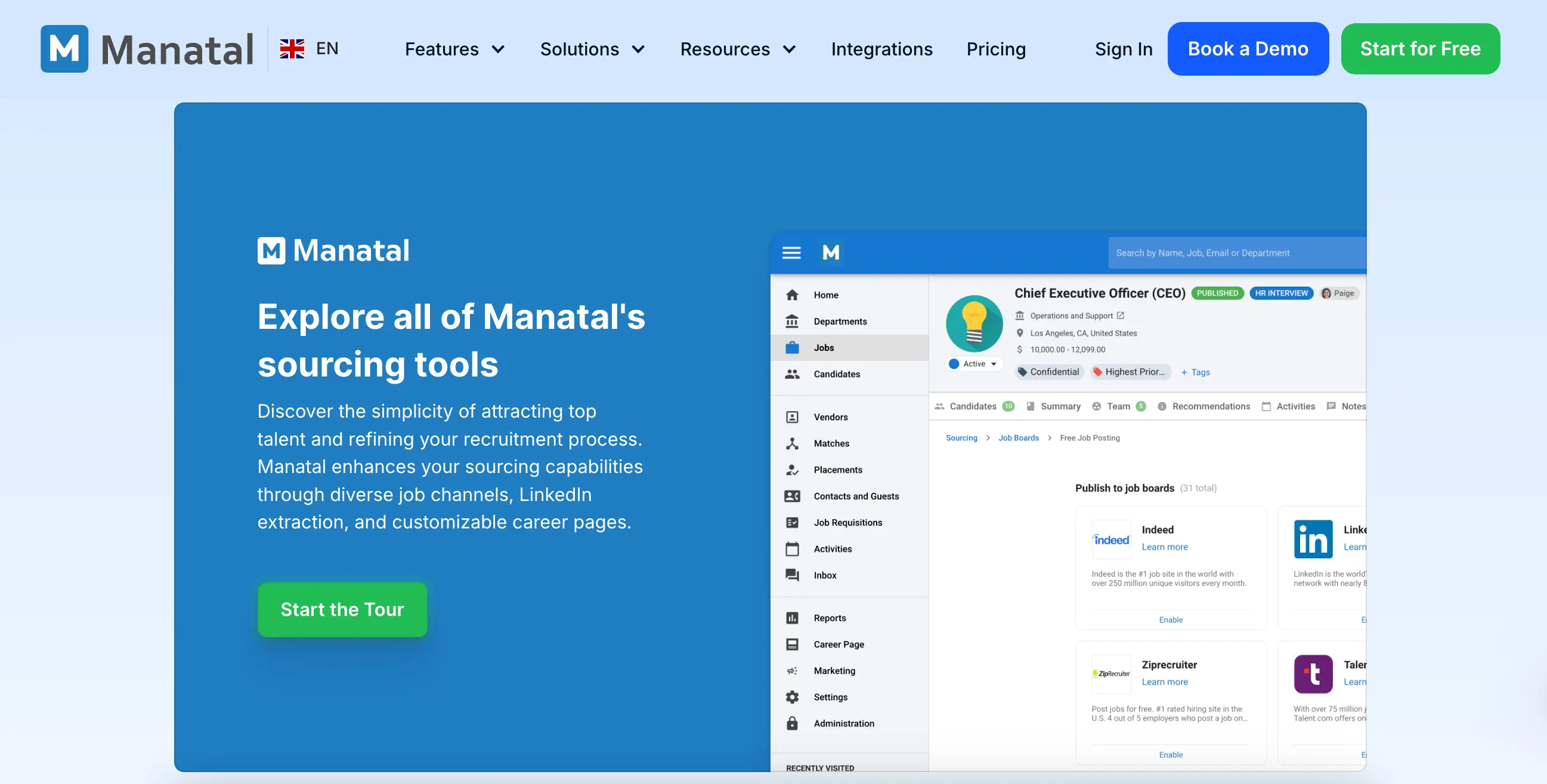  Manatal’s candidate sourcing page with white text “Explore all of Manatal’s sourcing tools” on a blue background