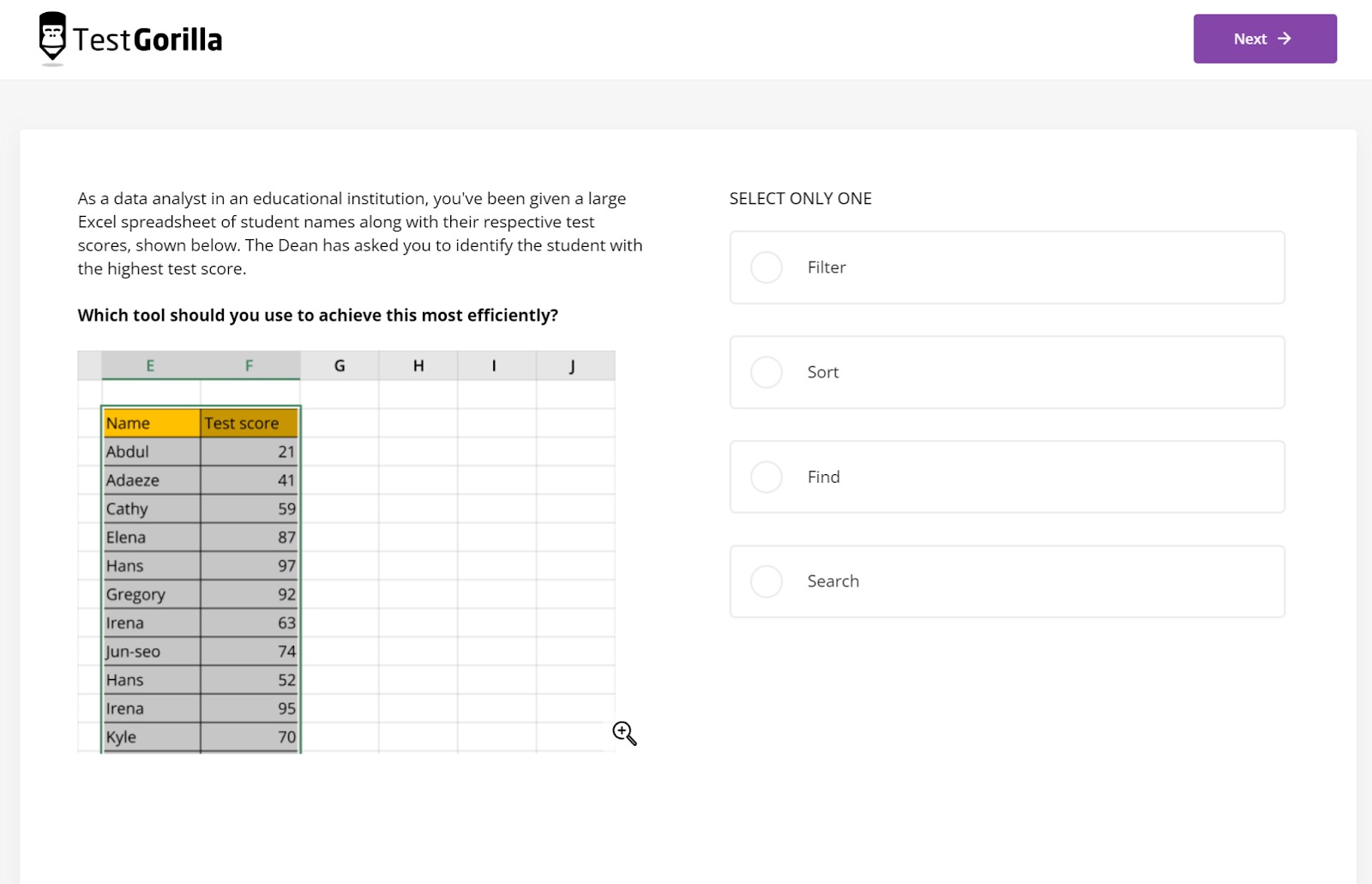 An example question from TestGorilla's Microsoft Excel test