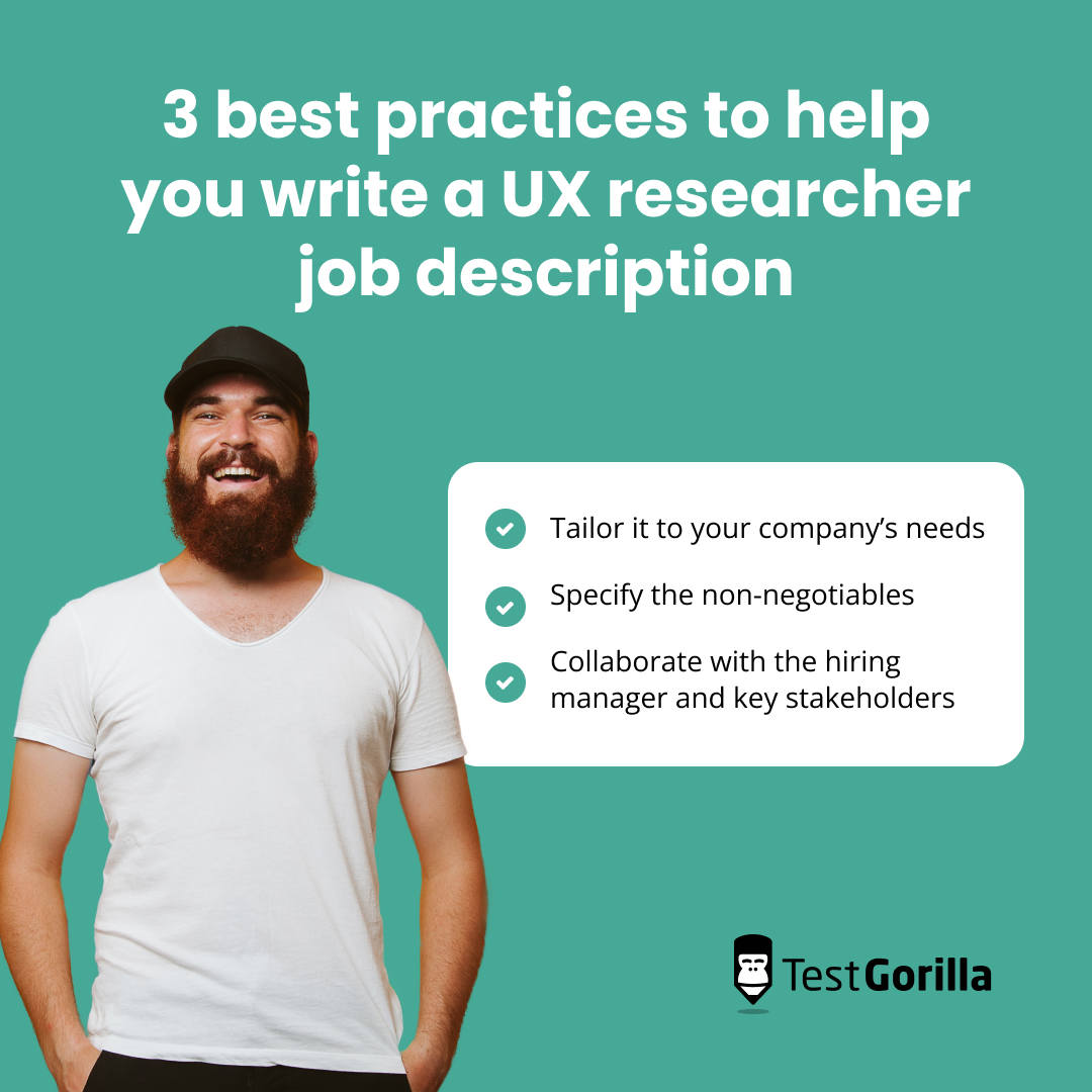 3 best practices to help you write an effective ux researcher job description graphic