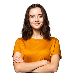 A happy, relaxed woman wearing an orange t-shirt