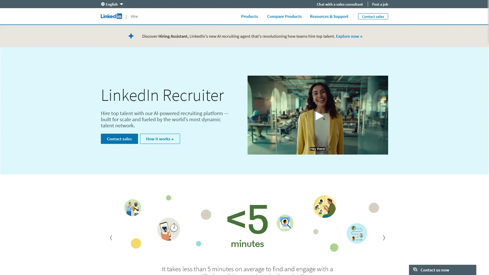 LinkedIn Recruiter’s sales webpage shows a video introduction of the service.