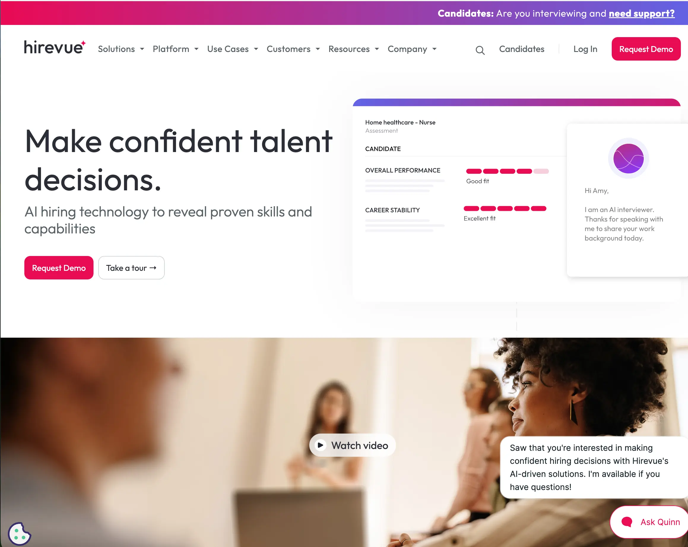 hirevue homepage screenshot