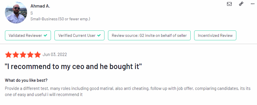 Screenshot of another review for TestGorilla