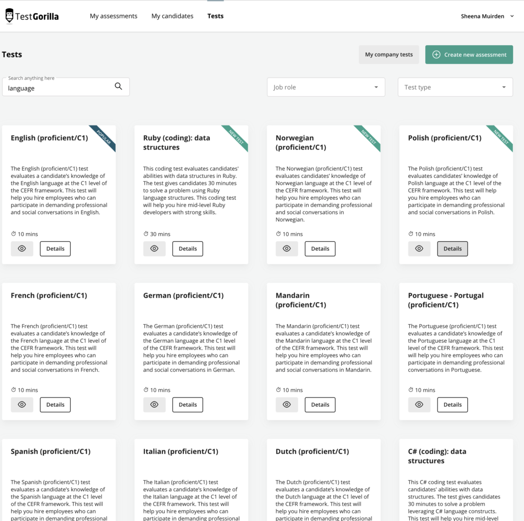 aperçu des tests linguistiques dans TestGorilla