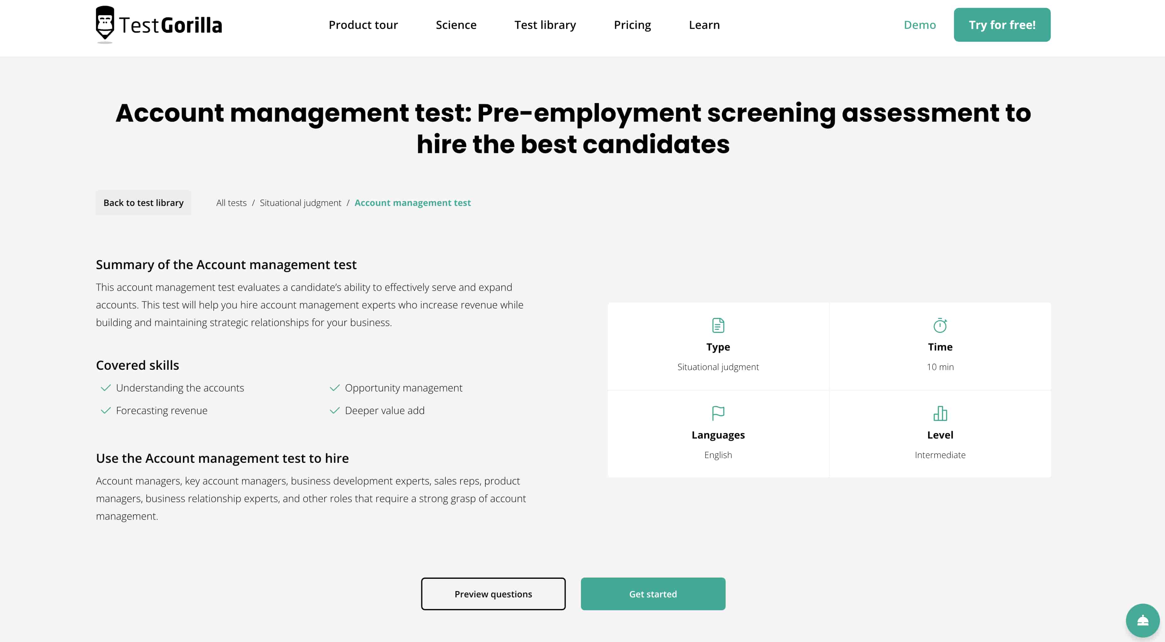 account management test by TestGorilla screenshot
