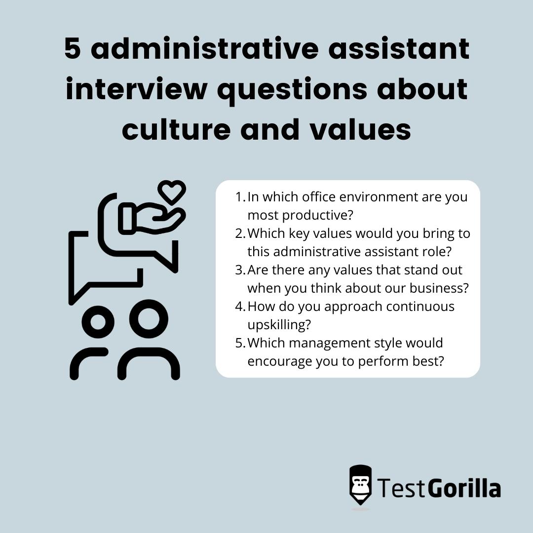 5 administrative assistant interview questions and answers about culture and values graphic
