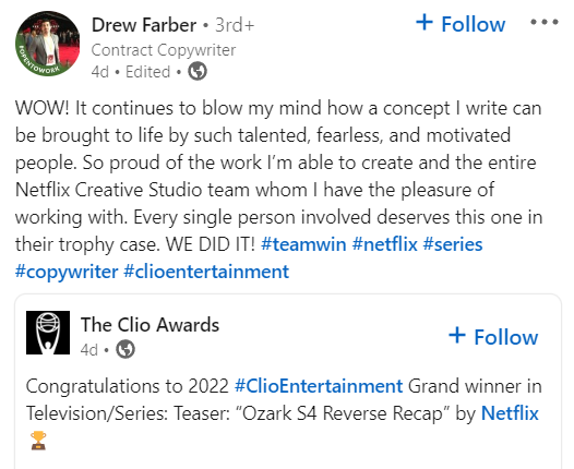 Screenshot of Drew Faber's comment on winning the Clio for his copywriting work with Netflix Creative Studio