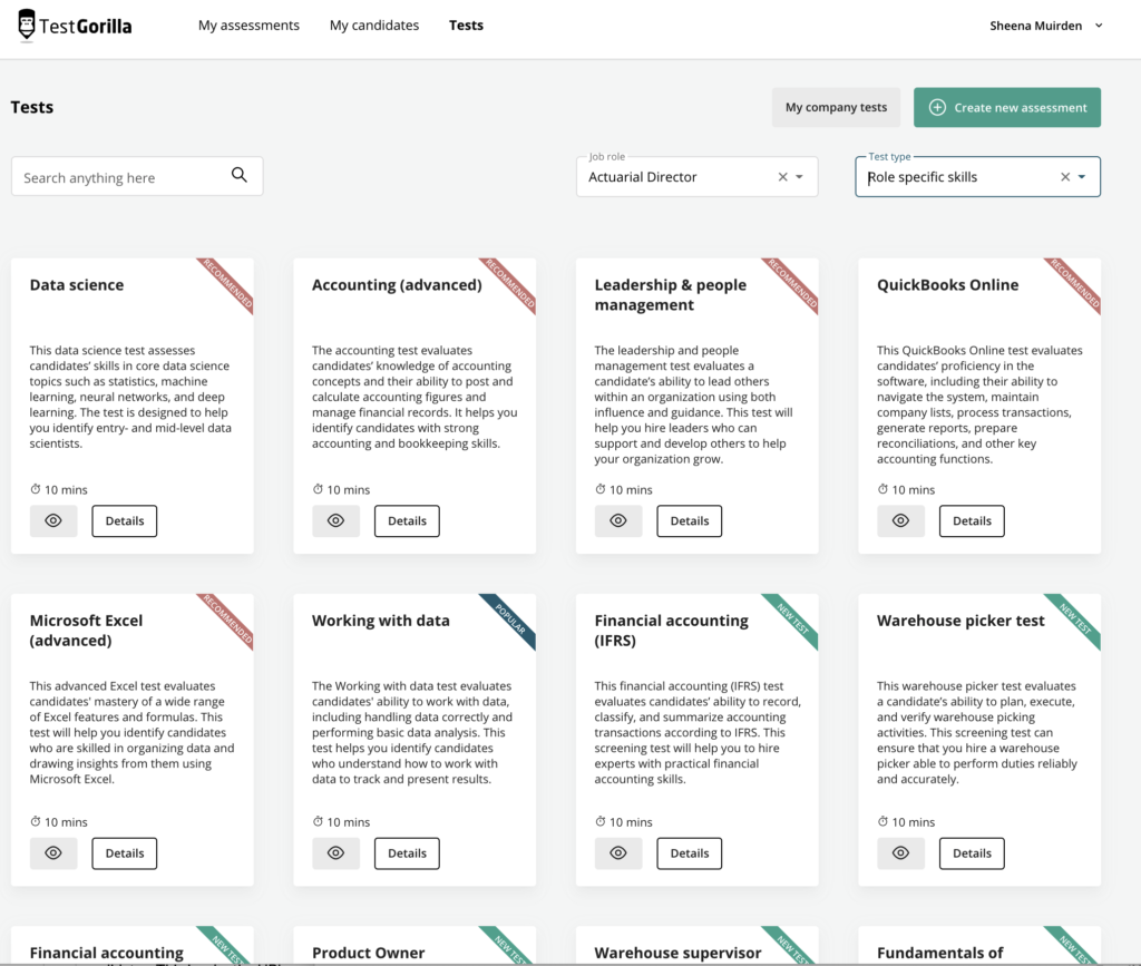 Screenshot von Tests zur Beurteilung der erworbenen Kenntnisse, angeeigneten Fähigkeiten und gesammelten Erfahrungen eines leitenden Aktuars bei TestGorilla