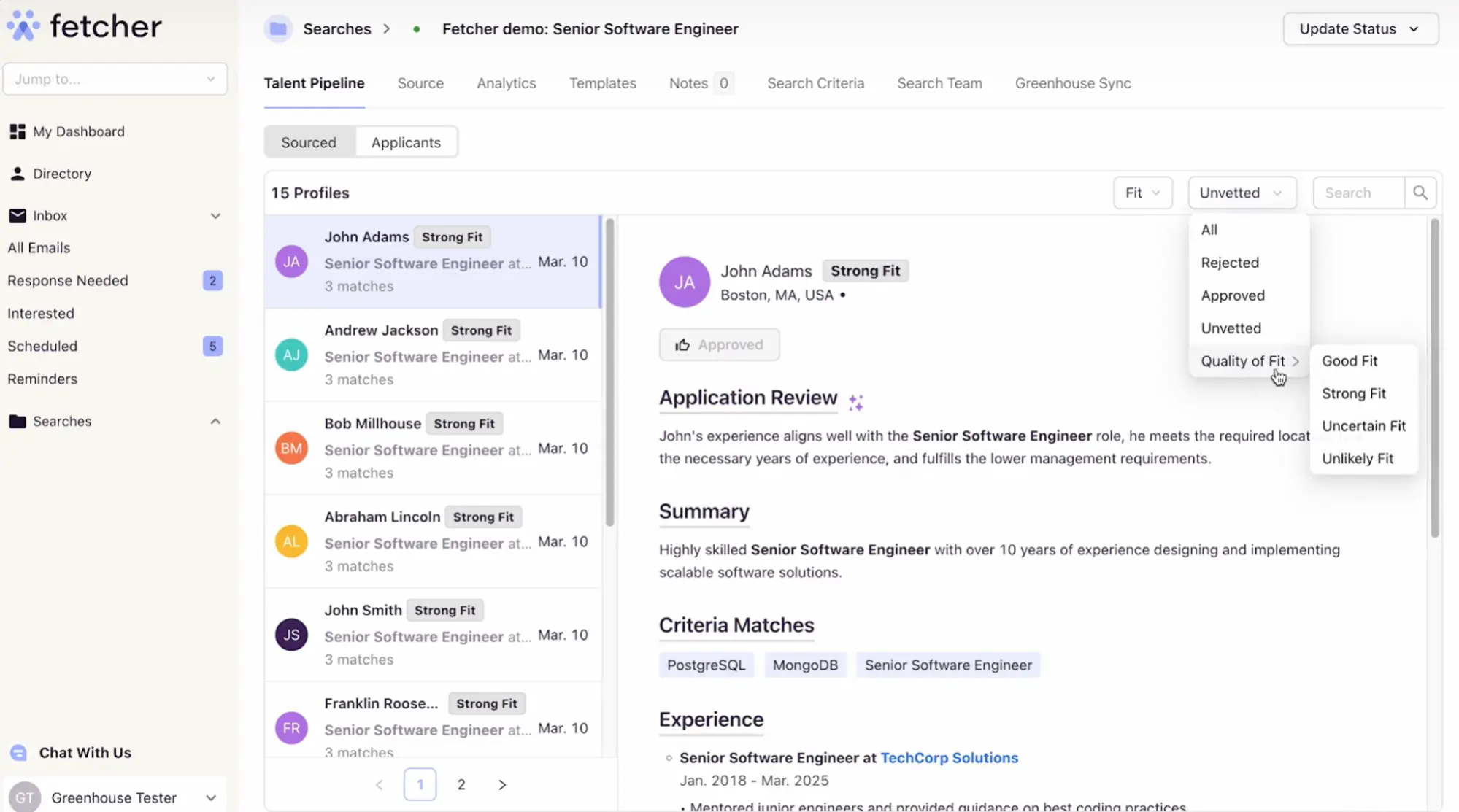 Fetcher dashboard showing applicant profiles. A drop-down menu enables you to filter candidates based on their AI-determined fit for your role.