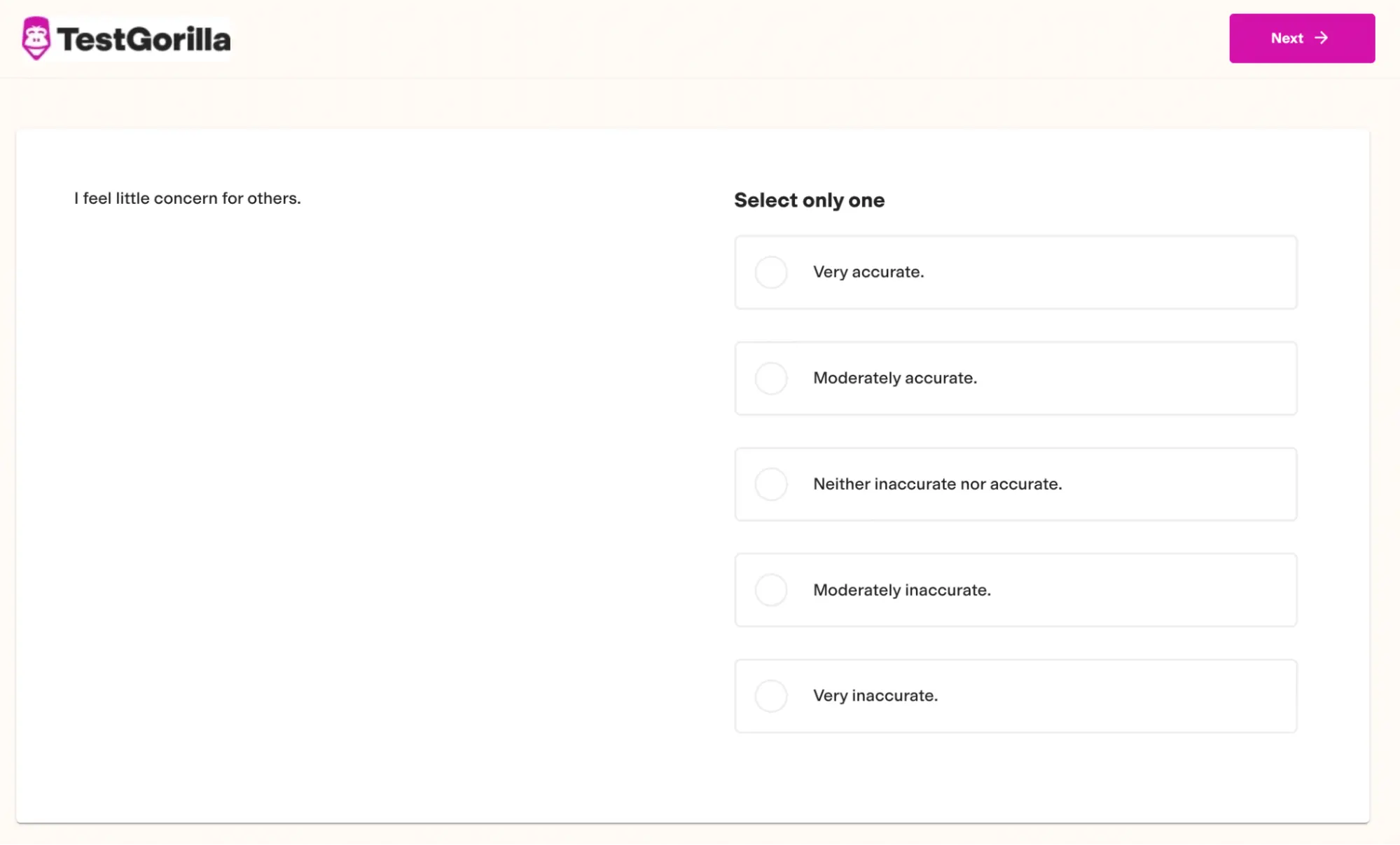 An example question from TestGorilla's Big 5 (OCEAN) personality test.