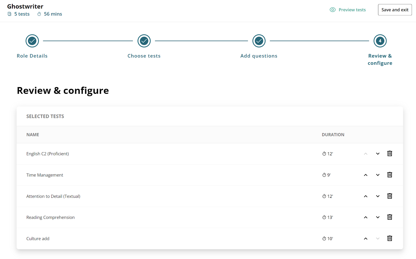 An example of a customized TestGorilla assessment for ghostwriters