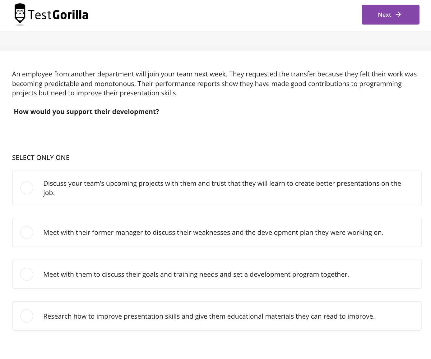 A preview question from TestGorilla's Leadership and People Management test