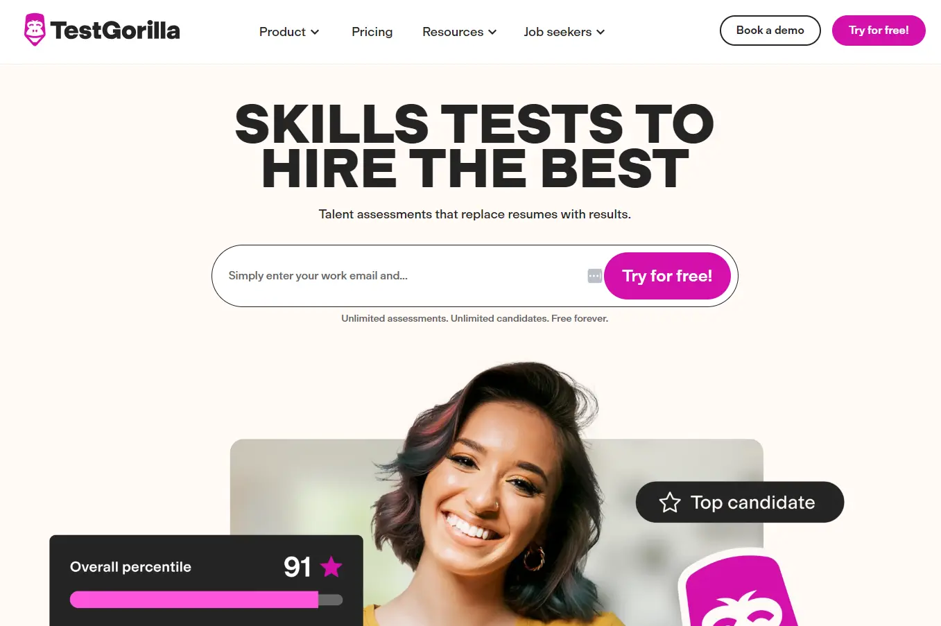 The TestGorilla homepage, the top alternative to HackerRank
