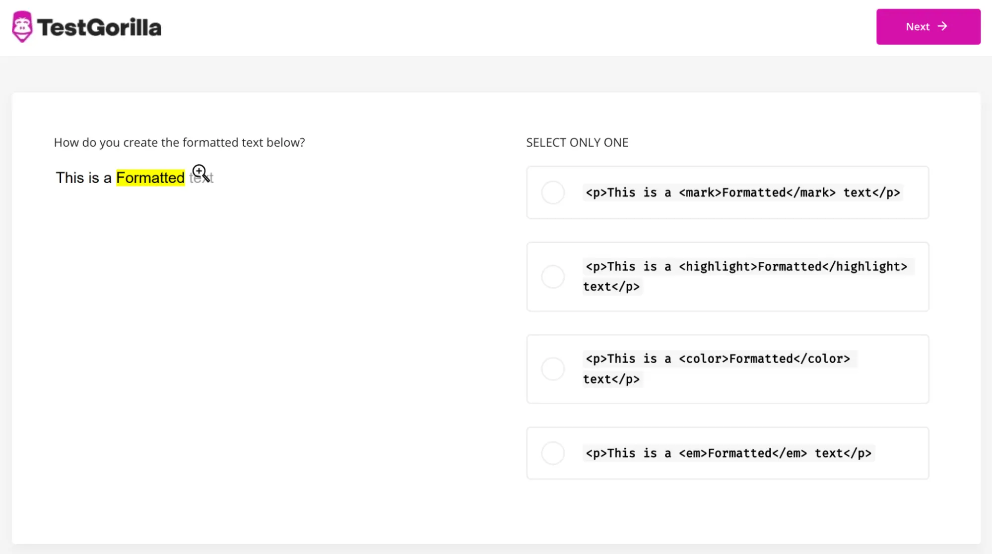 A sample question from TestGorilla's HTML5 test